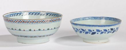 Two 18th Century Delft bowls, the first with a green, red and blue multiple border design,