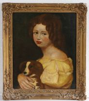 English School (19th Century) Girl with Dog oil on canvas 35 x 43cm (14" x 17")