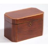 A Regency partridge wood tea caddy, the rectangular top with canted corners enclosing two lidded