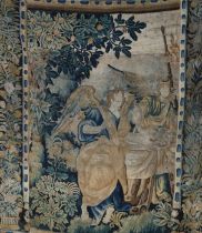 A late 16th/ early 17th Century Flemish Oudenaarde tapestry, angels by a fruit tree, 214cm wide,