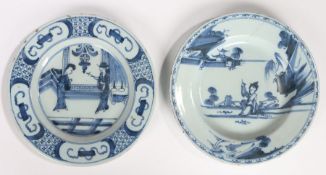 Two 18th Century English Delft plates, circa 1750, both decorated in blue with Oriental scenes, 22.