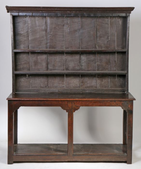 An 18th Century oak dresser and rack, the rack with a concave cornice above two shelves, the base - Image 2 of 2