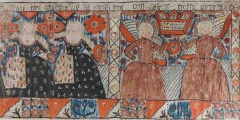 A 19th Century Swedish Bonad folk art painting, with four figures among flowers and a geometric