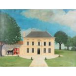 French naïve school, A French chateau, with a horse and groom, oil on canvas, `E. CUIVRE` and