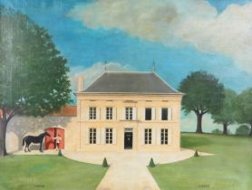 French naïve school, A French chateau, with a horse and groom, oil on canvas, `E. CUIVRE` and