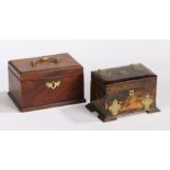 A George III mahogany tea caddy, with a hinged lid enclosing two lidded compartments 18cm wide,