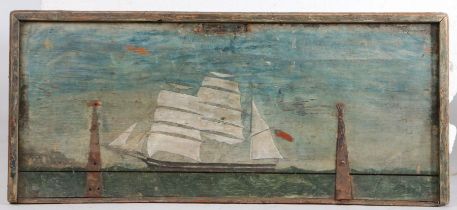 19th Century Maritime/sailors folk art, a three masted ship at sea, a light house in the distance,