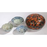 Chinese porcelain, to include three blue and white porcelain bowls, 19th Century and a dish and
