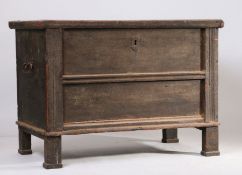 A 19th Century pine chest, the rectangular hinged top enclosing storage space above a panel front