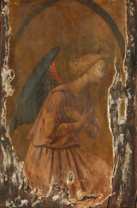 Manner of Fra Angelico, A trumpeting angel, tempera on panel, probably 17th or 18th Century, AF,