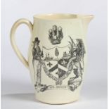 A rare 19th Century creamware commemorative jug, printed in black with a portrait of Lord Nelson,