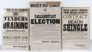 Three Victorian posters relating to Great Yarmouth, to include "Parliamentary Election", "Contract