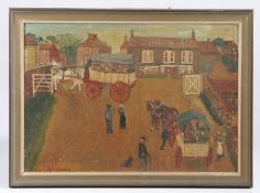 Fred Oughton (British, 20th Century) Naive Village Scene with Horses and Carts signed (lower