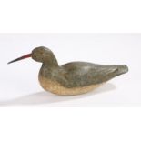 An early 20th Century decoy bird, with a red beak and bead eyes with a grey body and cream