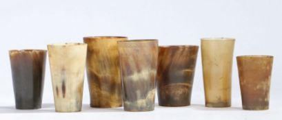 A collection of horn beakers to include an example inscribed "Wm. HOLMES MANOR FARM YORK" and with