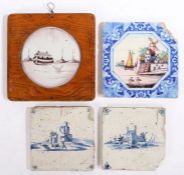 Four 18th Century Delft tiles, to include blue and white, manganese and polychrome decoration, one