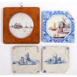 Four 18th Century Delft tiles, to include blue and white, manganese and polychrome decoration, one