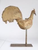 A  late 19th century primitive painted tin cockerel weathervane, possibly American, on later metal