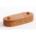 A rare 19th Century wooden puzzle vesta box, with pin prick decoration, dated 1888 to base and