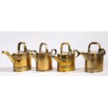 Four Victorian brass watering cans, with hinged lids and loop handles (4)