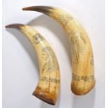 A pair of 19th Century scrimshaw horns, with figural and foliate decoration to include depiction