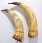 A pair of 19th Century scrimshaw horns, with figural and foliate decoration to include depiction