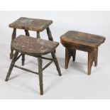 Three late 19th/early 20th Century stools, to include a rectangular example raised on turned legs, a