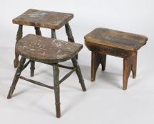 Three late 19th/early 20th Century stools, to include a rectangular example raised on turned legs, a