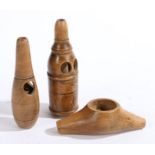 Three unusual 19th Century treen bird calls, the largest 11cm long (3)