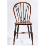 A 19th century elm and fruitwood Windsor chair, the hoop back with pierced fruitwood splat and