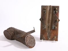 A 19th Century desk weight modelled as log with a crosscut saw, 19.5cm wide, and an Edwardian "