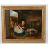 English School (19th century) A naive stable scene, two women feeding three piglets, a donkey