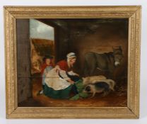 English School (19th century) A naive stable scene, two women feeding three piglets, a donkey