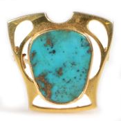 An Art Nouveau 15 carat gold and turquoise set brooch, the central turquoise section with am