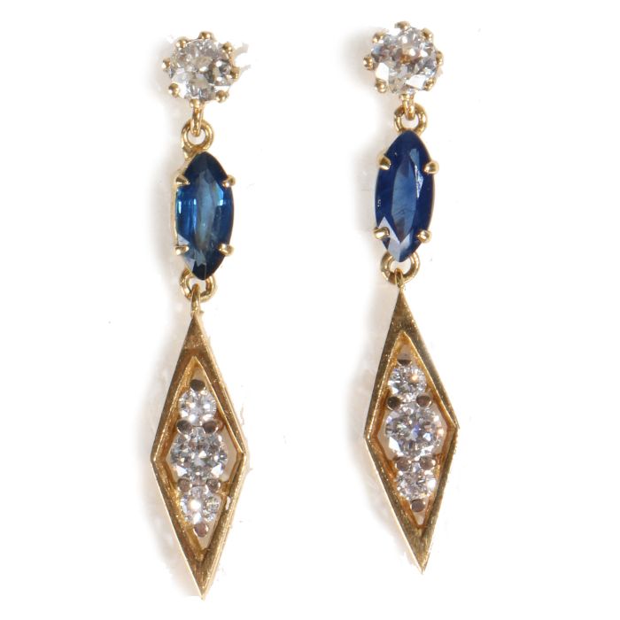 A pair of diamond and sapphire earrings, with diamond and sapphire drops, 35mm long, (2)