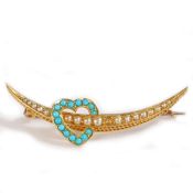 A Victorian 15 carat gold turquoise and pearl set brooch, with a crescent piercing a heart, 3.1