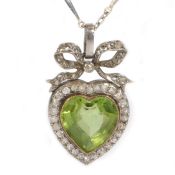 A Victorian diamond and peridot necklace, the peridot centred heart with a diamond surround and