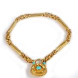 Victorian yellow metal and turquoise set bracelet, with a chain and bar linked chain and a clasp set