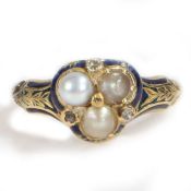 A 19th Century pearl and diamond set ring, with three pearls and three diamonds surrounded by blue