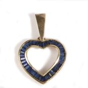 A gold and sapphire heart-shaped pendant, with a pierced heart and sapphire surround, 2.7 grams,