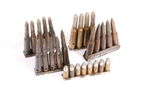Five charging clips of assorted small calibre rounds, shell cases and projectiles, (qty)