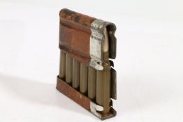 Rare charger clip of 6 Swiss 7.5mm rounds for the Schmidt Rubin 1889, K11 and K31 rifles, steel