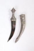 Arab Khanjar, curved steel blade, white metal hilt and scabbard, both elaborately decorated, blade