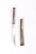 Burmese Dha knife, curved single edged unfullered blade, white metal wire grip with disc pommel,