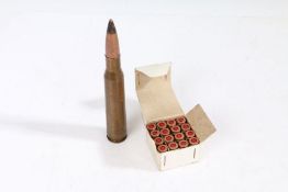 Box of 18 Russian 9 x 18 mm rounds for the Marakov pistol, together with a Russian 12.7 x 107 mm