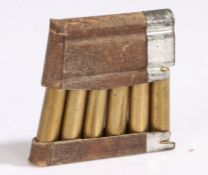 Charging clip of six Swiss made 6.6 x 55 rounds for the K31 6.5mm rifle, steel cases with cupro-