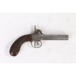 19th century English percussion box lock pocket pistol, engraved lock, octagonal barrel with proof