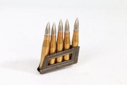 Second World War charging clip of 5 8mm rounds for the Ausrian Mannlicher M95 rifle, inert
