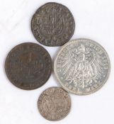 Tyrol three Kreuzer 1650, Spain eight Maravedis 1662, Hong Kong one cent 1863, Prussia drei mark