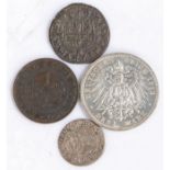 Tyrol three Kreuzer 1650, Spain eight Maravedis 1662, Hong Kong one cent 1863, Prussia drei mark